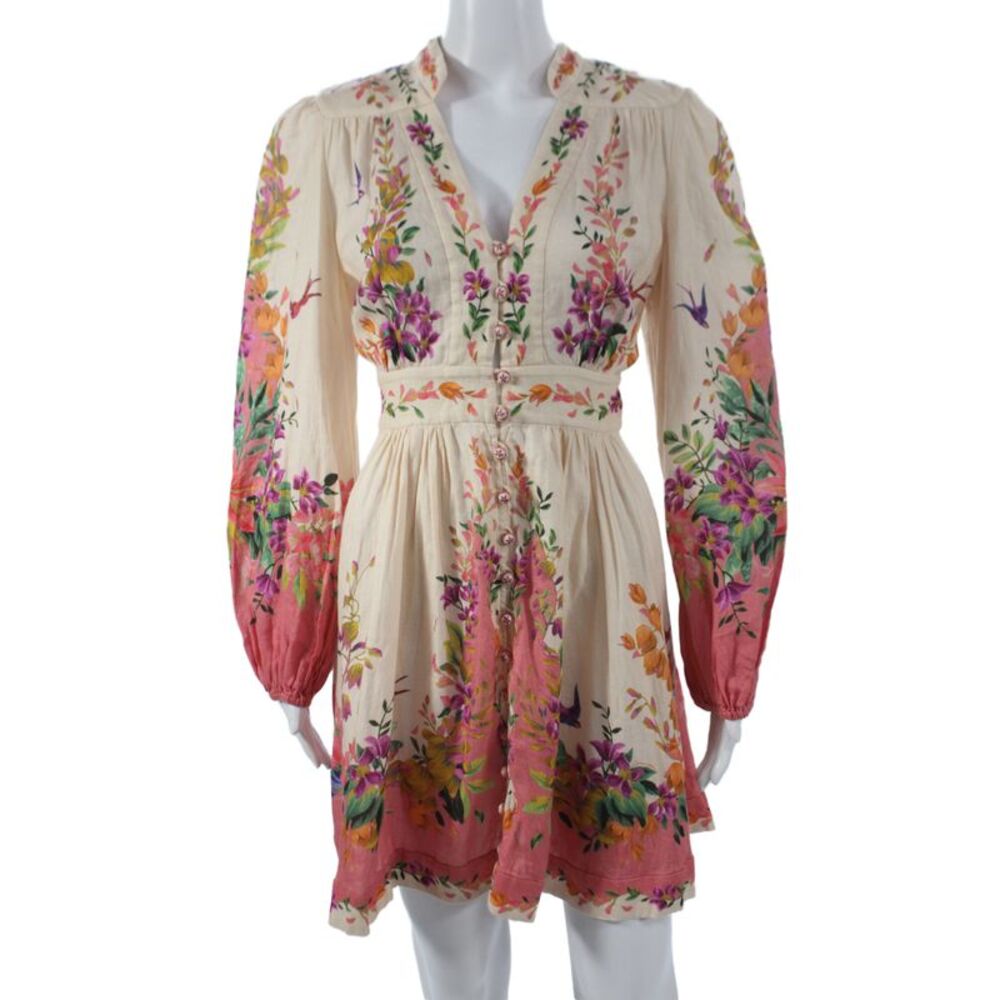 Zimmermann Women Mini Floral V-Neck Long Sleeve Ivory Linen Dress Size 2